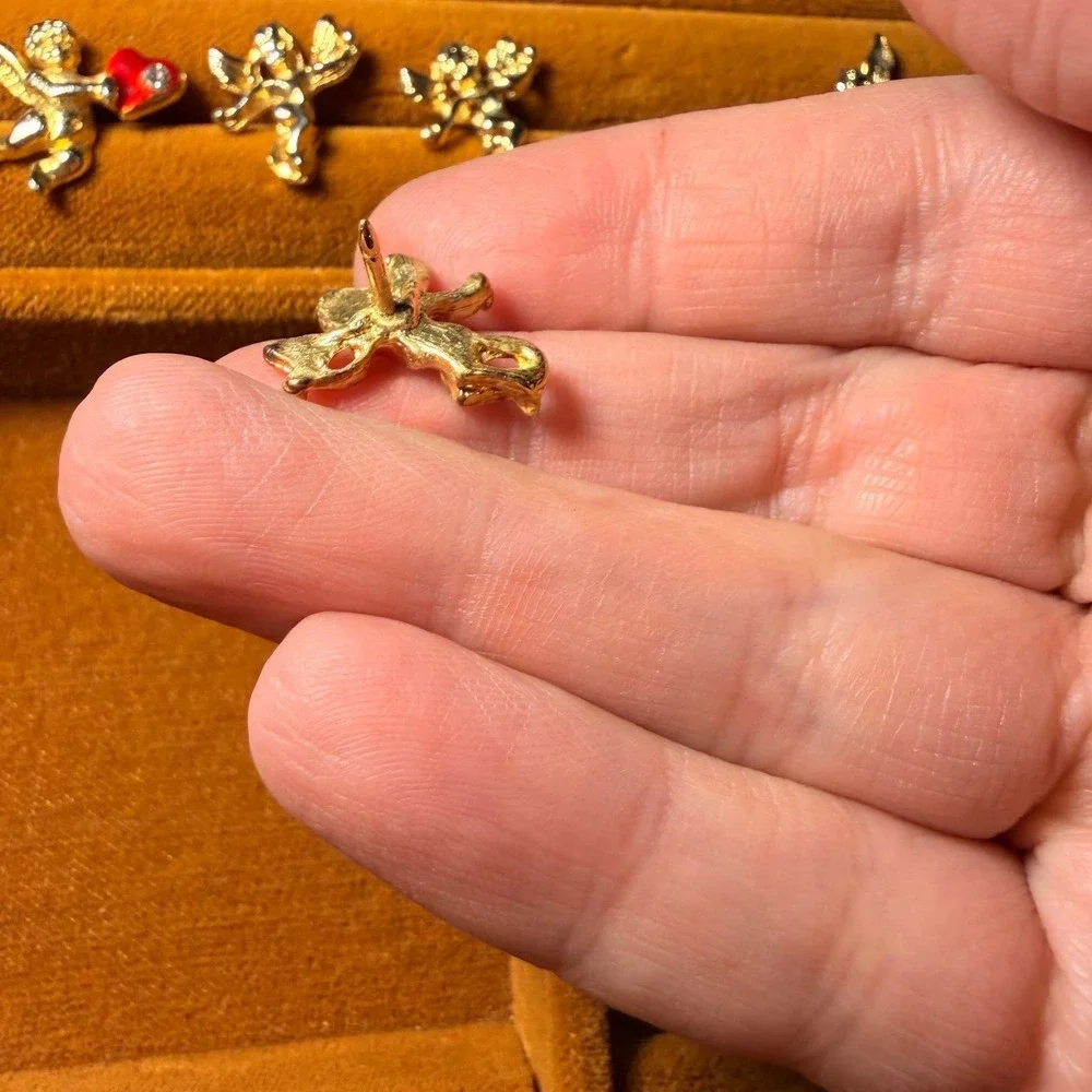 Vintage Gold Tone Cherub Angel‎ Pin Set Red Enamel Heart Rhinestone 5 Piece Lot